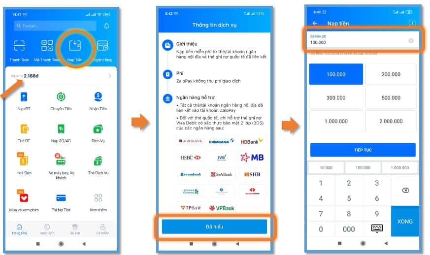 quy trình nạp tiền dễ dàng tiện lợi